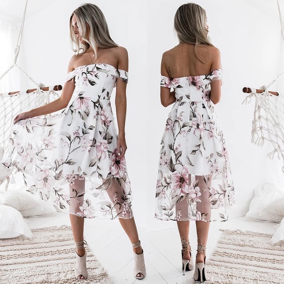 Off Shoulders Flowers Pattern Midi Dress - Picture 3 of 3